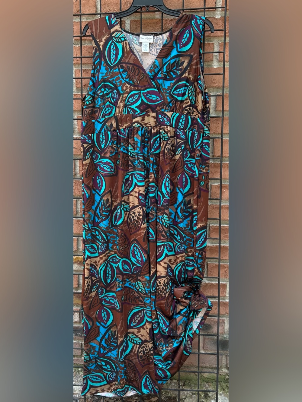 Kate & Mallory Teal and Brown Leaf Print Dress